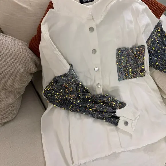 Sequin Patchwork Denim Jacket Oversized Shacket Women NEW - Picture 3 of 11